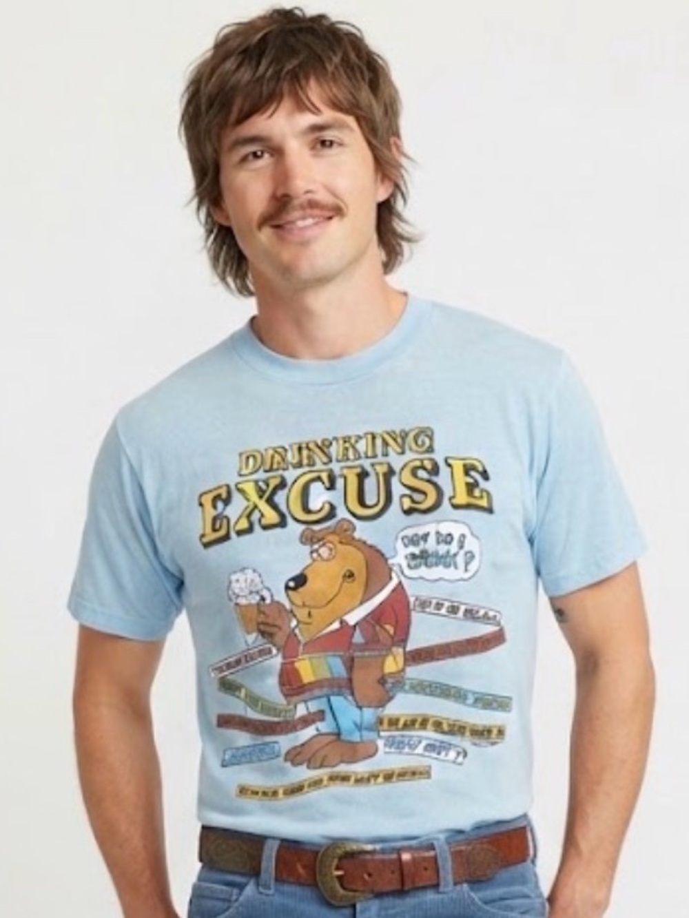Vintage 70s Sun Sportswear Drinking Excuse Bear Graphic T-Shirt Light Blue Large